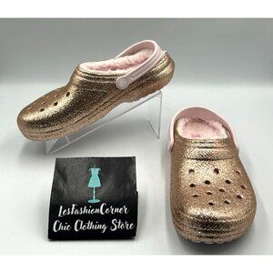 Crocs Junior Rose Gold Pink Classic Lined Glitter Clog Slip-On Shoes Size 6 3133